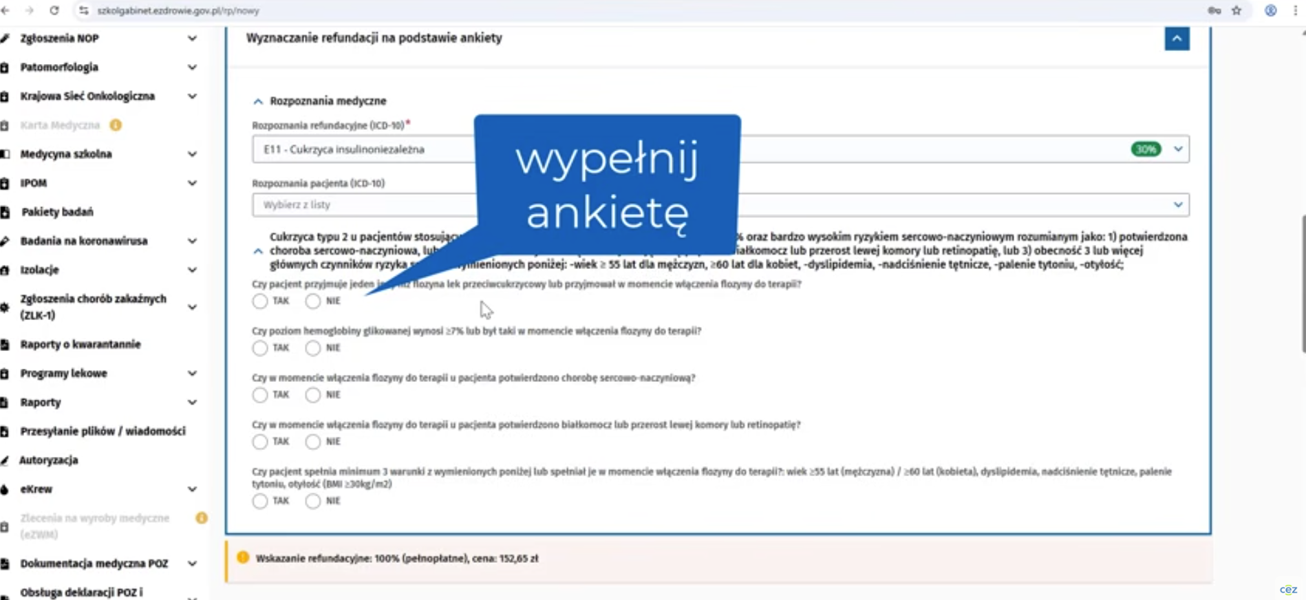 Rycina 3. Przykładowy widok ankiety refundacyjnej dla leku (Forxiga) o złożonych wskazaniach (źródło: Centrum e-Zdrowia).
